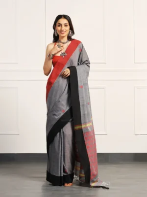 Grey Handloom Khadi Cotton Saree with Contrast Borders