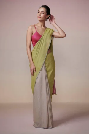 Dual shade cotton saree with a grey base & green palla