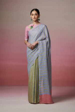 Green-blue linen saree with stripes